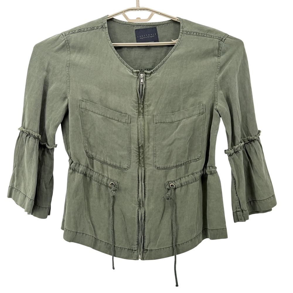 Sanctuary Jacket Womens L Green Linen Blend Bell Sleeve Full Zip Cinch Waist